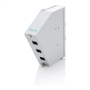 Distribuidor de empalme de fibra óptica para carril DIN DIGITUS DN-96894 — en ángulo, 6 SC SX / LC DX, aluminio, gris