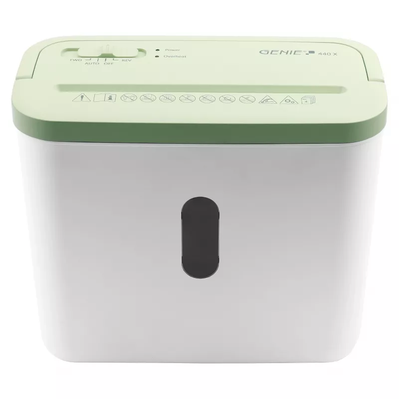 Destructora de documentos Genie 440 X GR — Corte cruzado 4 x 38 mm, cesta de recogida de 8 L, 300 W, verde/blanco