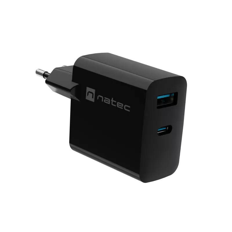 Cargador con cable para dispositivos móviles NATEC NUC-2143, 45 W, USB-C PD 3.0 + USB-A QC 3.0, 110–240 V, negro