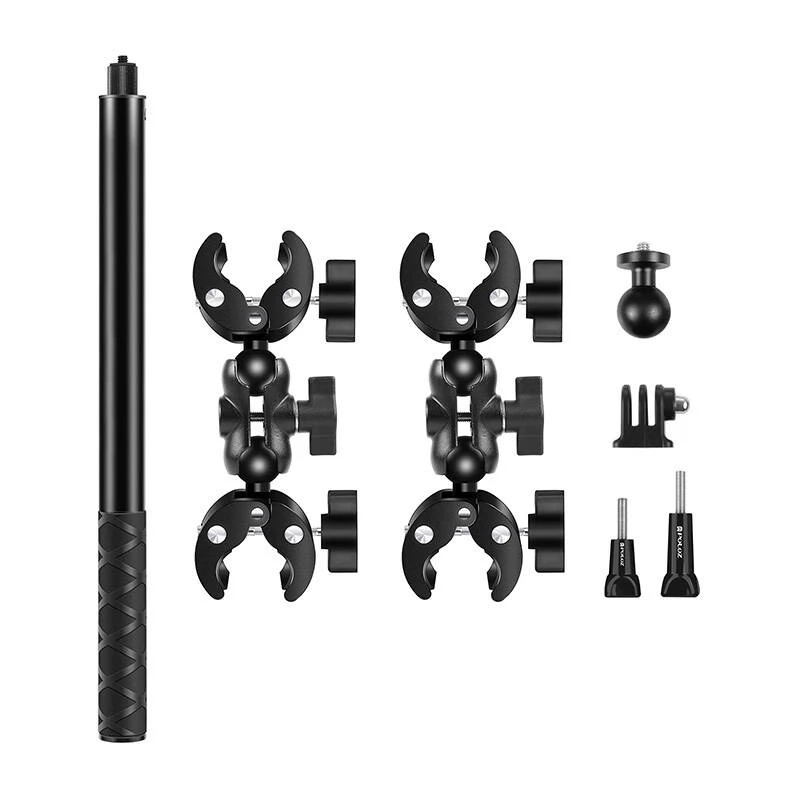 Soporte para moto y bicicleta Puluz PU495B — dos abrazaderas y palo selfie extensible de 150 cm