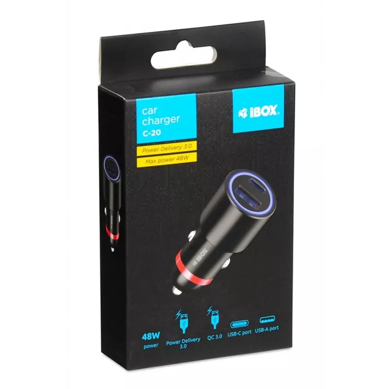 Cargador iBox ICC20 para dispositivos móviles smartphone, smartwatch, tablet negro mechero de coche carga rápida coche