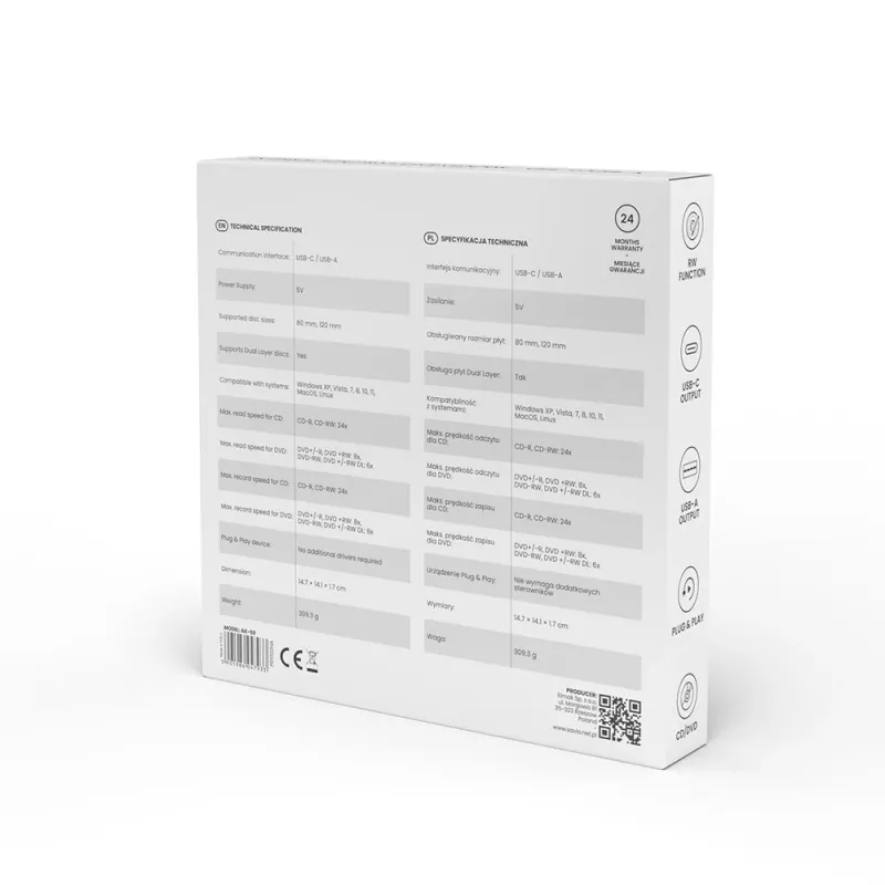 Grabadora externa de CD/DVD delgada SAVIO AK-59 R/RW - USB-C/USB-A, negra