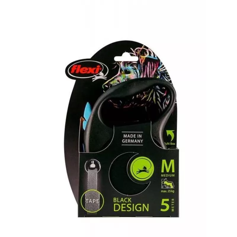 Correa retráctil flexi Black Design M — 5 m de longitud, con cinta, carga máxima 25 kg, empuñadura ergonómica