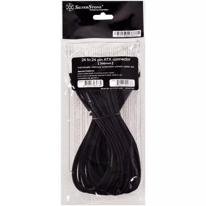 SilverStone SST-PP07-MBB cable alargador ATX de 24 pines, 30 cm, negro
