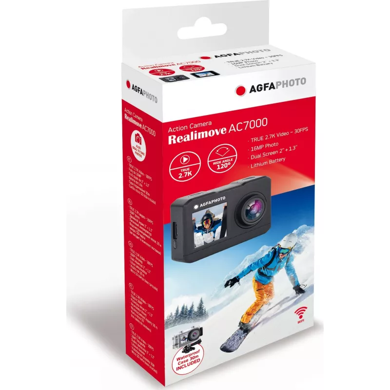 Action cam AgfaPhoto Action cámara deportiva 16 MP 2K Ultra HD CMOS Wi-Fi 58 g (AC7000BK)