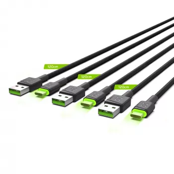 Cable USB-C Green Cell KABGCSET02 1,2 m (USB-A a USB-C, 2,4 A, 480 Mbit/s) pack de 3 con retroiluminación LED