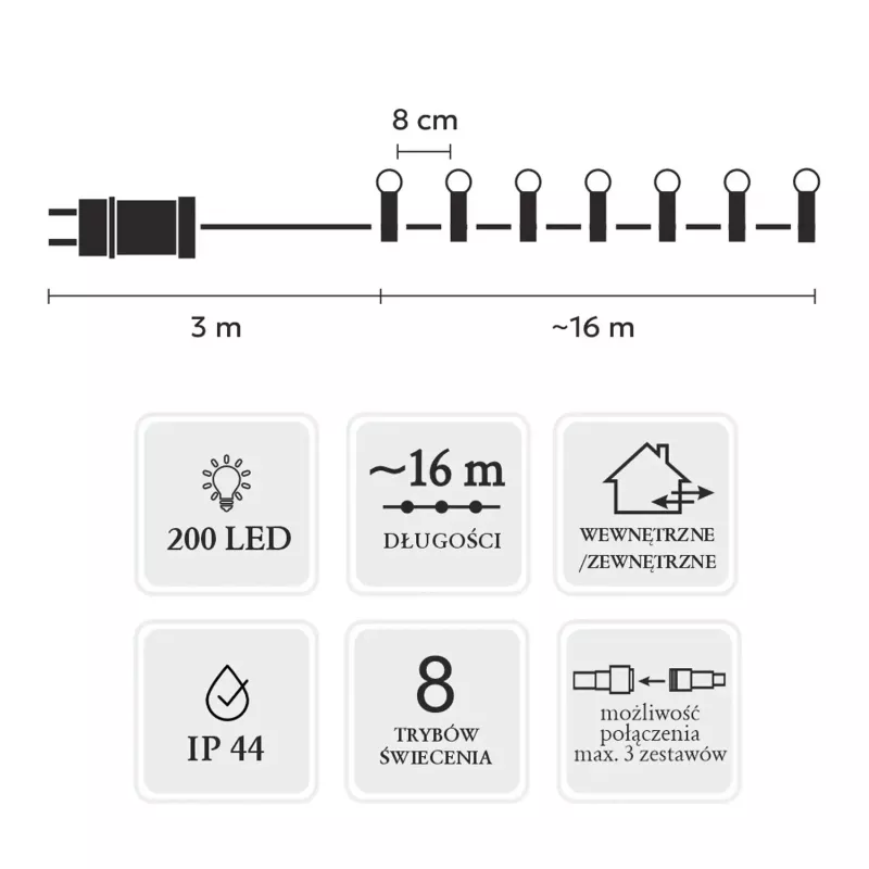 Guirnalda LED Extralink 200 bombillas blanco frío, diámetro 3+ mm, longitud 16 m