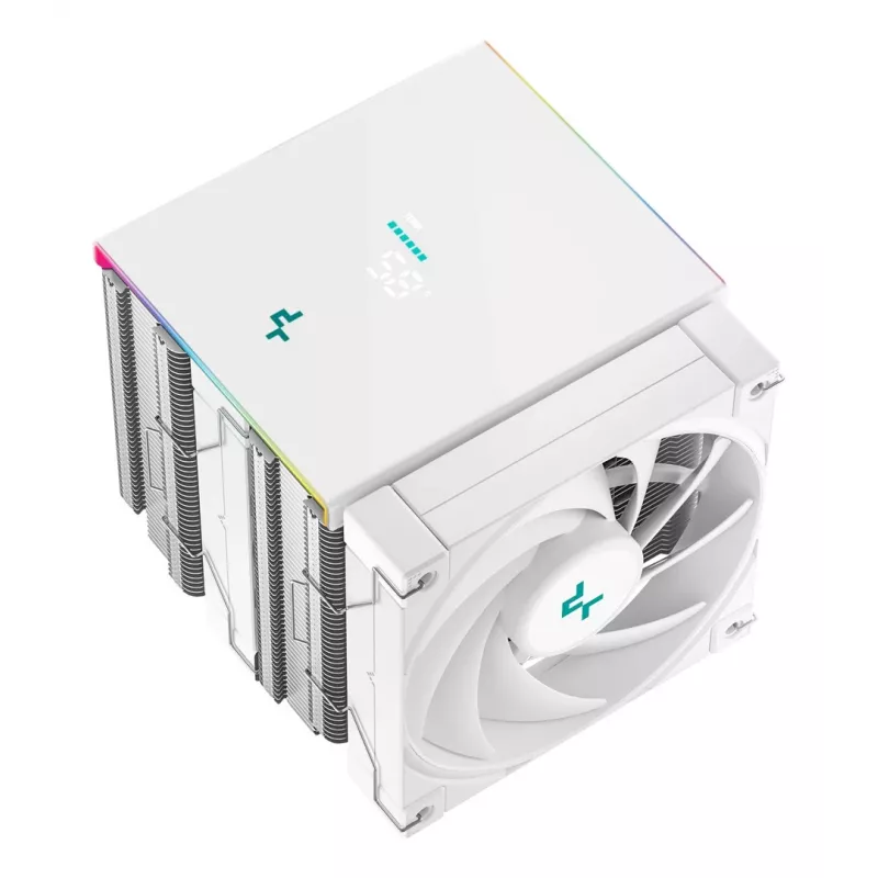 Disipador de aire DeepCool AK620 Digital SE White — dos ventiladores de 120 mm, 6 heatpipes, PWM, soporte LGA-1700, pantalla integrada