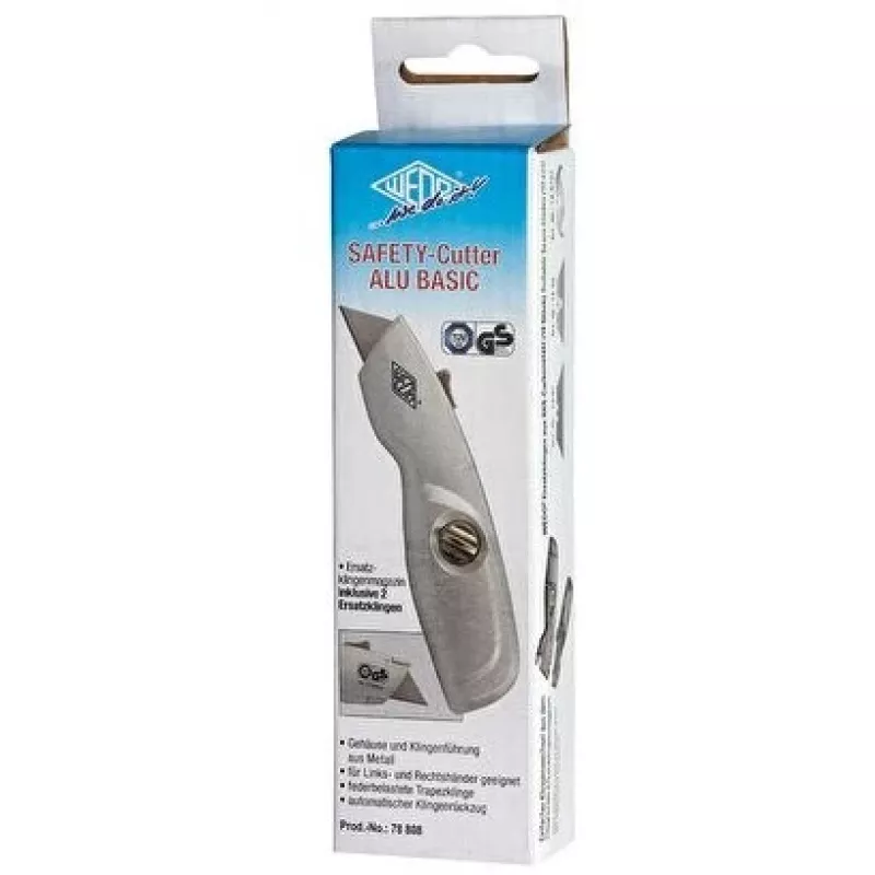 WEDO 78808 Safety-Cutter ALU cúter, hoja trapezoidal, con muelle, retráctil automático, 2 hojas de repuesto, TÜV/GS, plateado