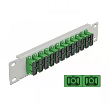 Panel de parcheo de fibra óptica DeLOCK 10 pulgadas 12 puertos SC dúplex verde 1HE gris