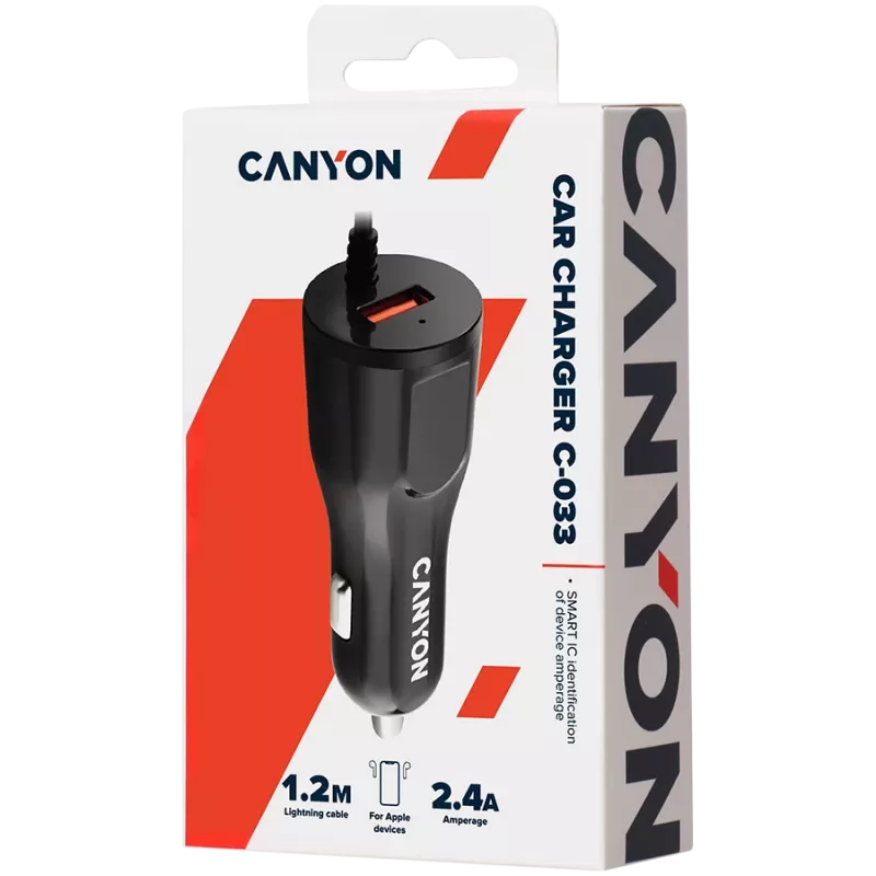 CANYON Cargador para coche C-033 2,4A/USB-A con conector Lightning integrado Negro