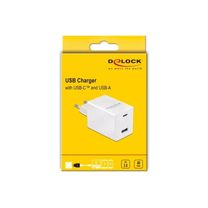 Cargador DeLOCK USB GaN cargador USB Type-C PD 3.0 y USB Type-A 48 W