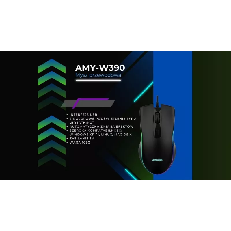 Ratón gaming con cable calefactado ActiveJet AMY-W390 — ambidiestro, óptico 2000 DPI, USB Type-A, 4 botones, negro