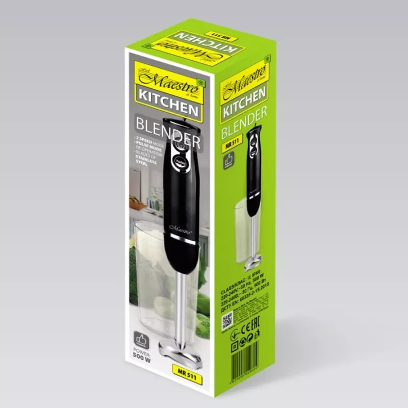 Batidora Maestro MR-511 — 500 W, 2 velocidades, impulso, turbo, recipiente desmontable de 900 ml, cuchillas de acero inoxidable, negro