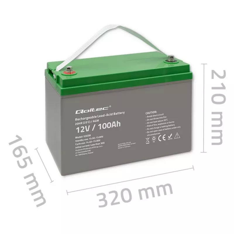 Batería AGM Qoltec 53038 | 12V | 100Ah | máx 1200A
