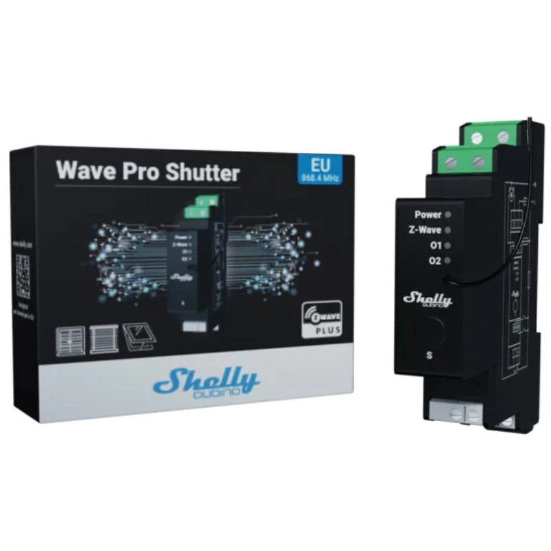Control de persiana Shelly Wave Pro Shutter, negro, carcasa de plástico, 110–240 V AC, 50–60 Hz, 0,3 W, 19×69×94 mm
