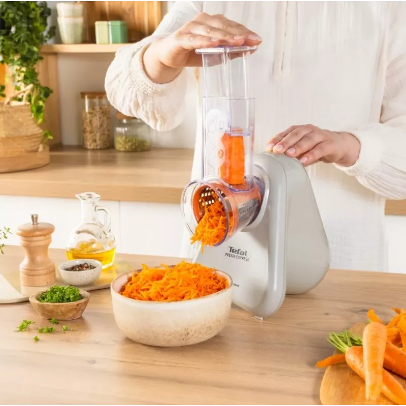 Cortador eléctrico de verduras Tefal Fresh Express DN853BE0 — 150 W, 3 discos intercambiables, 1 velocidad, crema