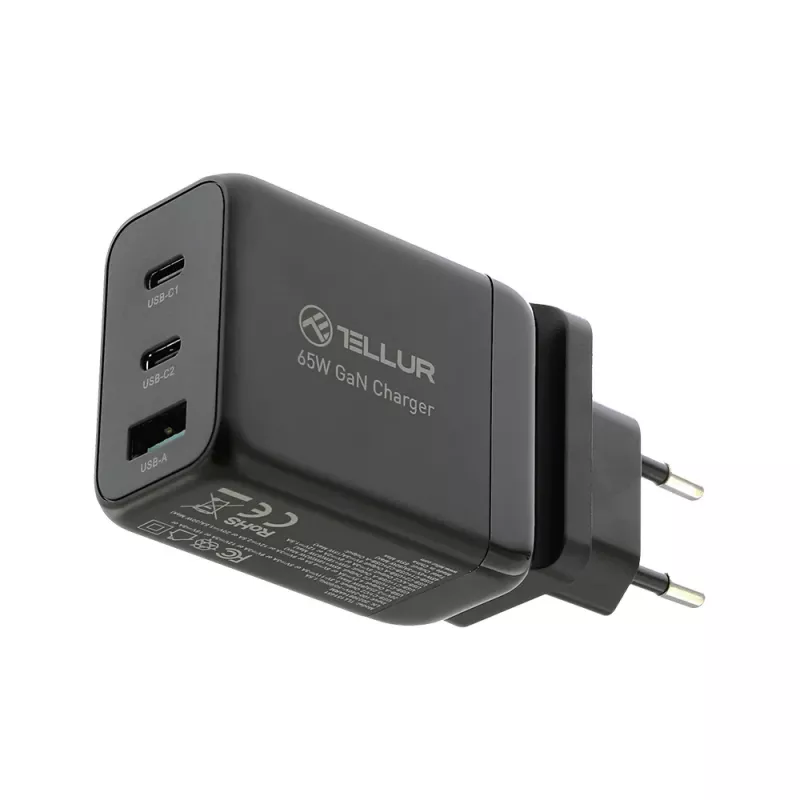 Cargador de pared Tellur TLL151451 65W, 3 puertos (2x USB-C, 1x USB-A)