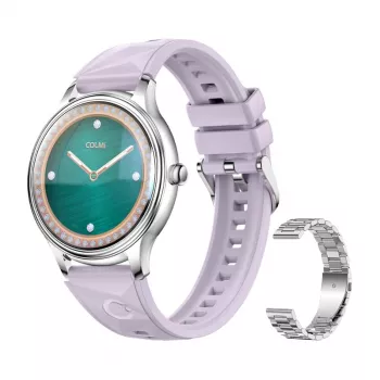 Smartwatch Colmi L28 plateado-lila con correa de piel lila