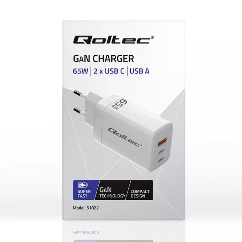 Cargador GaN QOLTEC 51822 65W 2×USB A 2×USB‑C