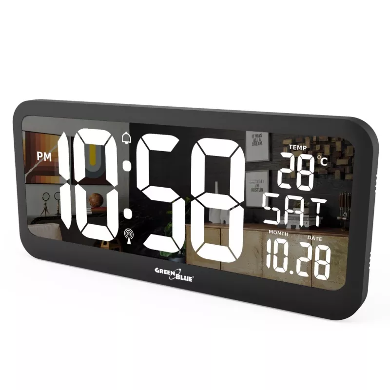 Reloj de pared digital grande GreenBlue GB214 con sensor de temperatura y fecha, LCD 37x17 cm, de pared o independiente, alimentación por adaptador y pilas