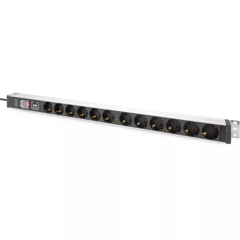 Regleta de enchufes Digitus de 12 tomas Schuko perfil de aluminio protección contra sobretensiones 2 m de cable
