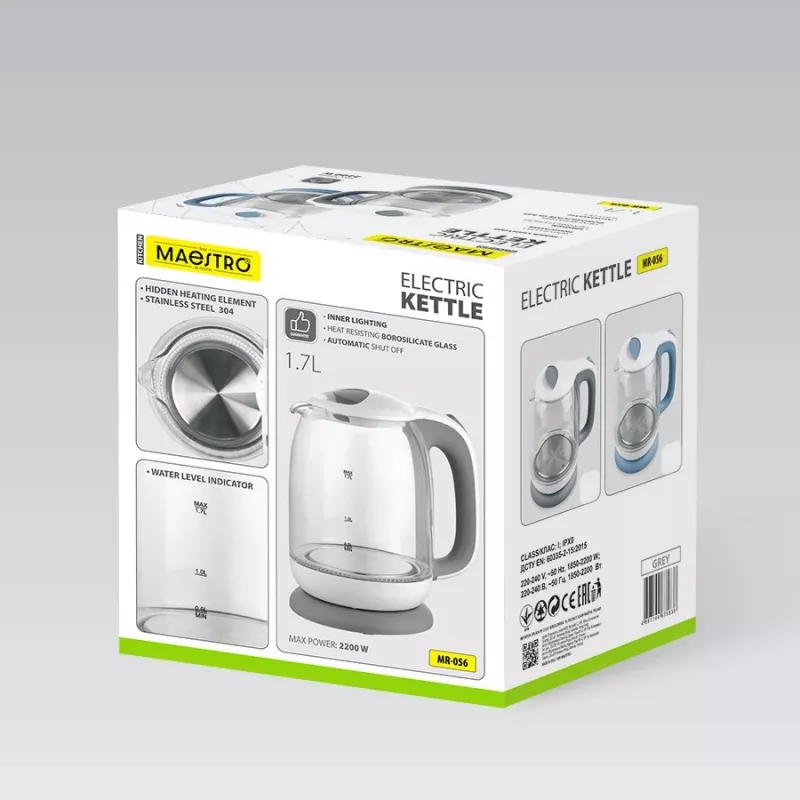 Hervidor de agua eléctrico de cristal Maestro MR-056-Gris 1,7 L 2200 W