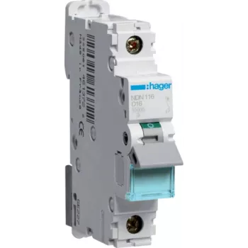 Hager NDN116. Corriente nominal: 16 A. Tipo: característica D, número de módulos (máx.): 1 módulo(s). Ancho: 17,5 mm, profundidad: 70 mm, altura: 83 mm (NDN116)