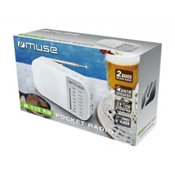 Radio portátil Muse M-025 RW — FM/AM analógica, blanca, a pilas, antena externa