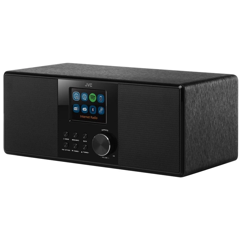 Radio por internet JVC RA-E981B — streaming Wi‑Fi y Bluetooth, DAB+, FM, 2x5W, 40 memorias de emisoras, USB, AUX, pantalla LCD