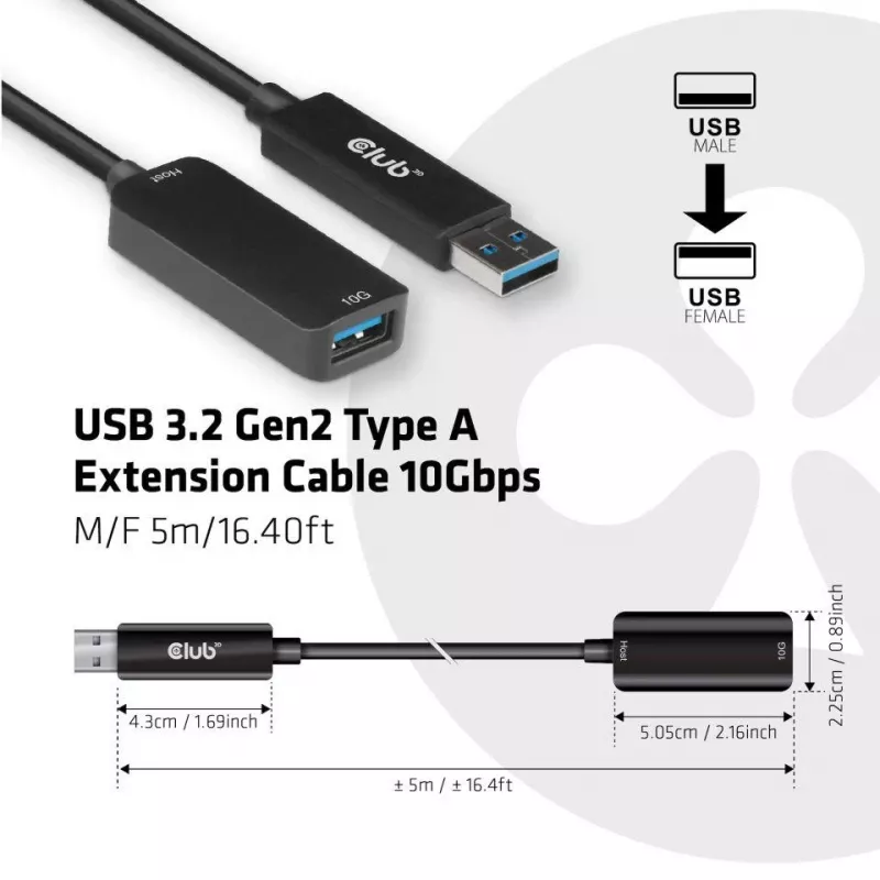 CLUB3D Cable de extensión USB 3.2 Gen2 Type-A 10 Gbit/s M/H 5 m