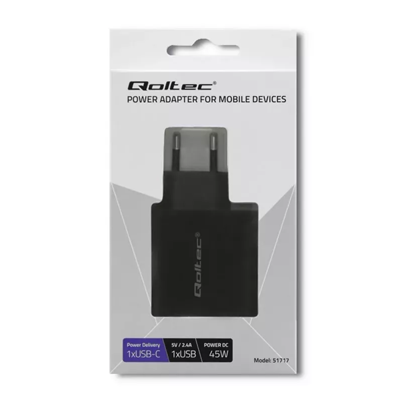 Fuente de alimentación QOLTEC 51717 45W 20V 3A cargador AC de interior para smartwatch, negro