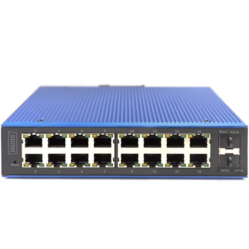 Switch Ethernet Gigabit gestionado L2 industrial DIGITUS 16x RJ-45 + 2x SFP, 12–48V DC, 8000 MAC