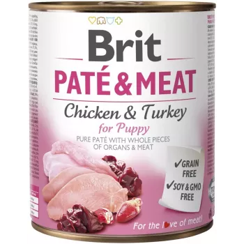 Comida húmeda para perros Brit Paté & Meat 800 g — comida húmeda completa, junior, pavo y pollo, sin cereales, 75% humedad
