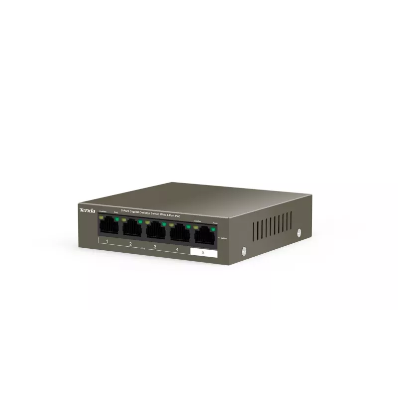 Switch de red TENDA TEG1105P-4-63W-EU, 5x Gigabit RJ-45, 4x PoE (57,8 W en total), 10 Gbit/s conmutación