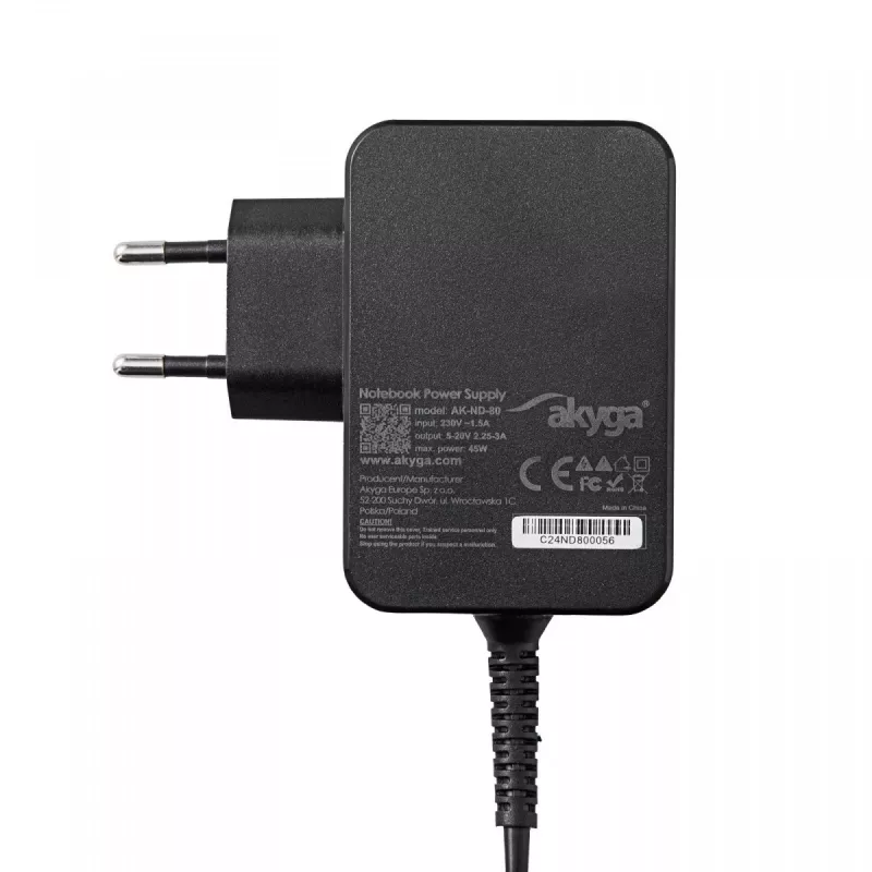 Fuente de alimentación para portátil USB-C GaN Akyga AK-ND-80 45 W, PD 3.0, 5–20 V, cable de 1,8 m, negro