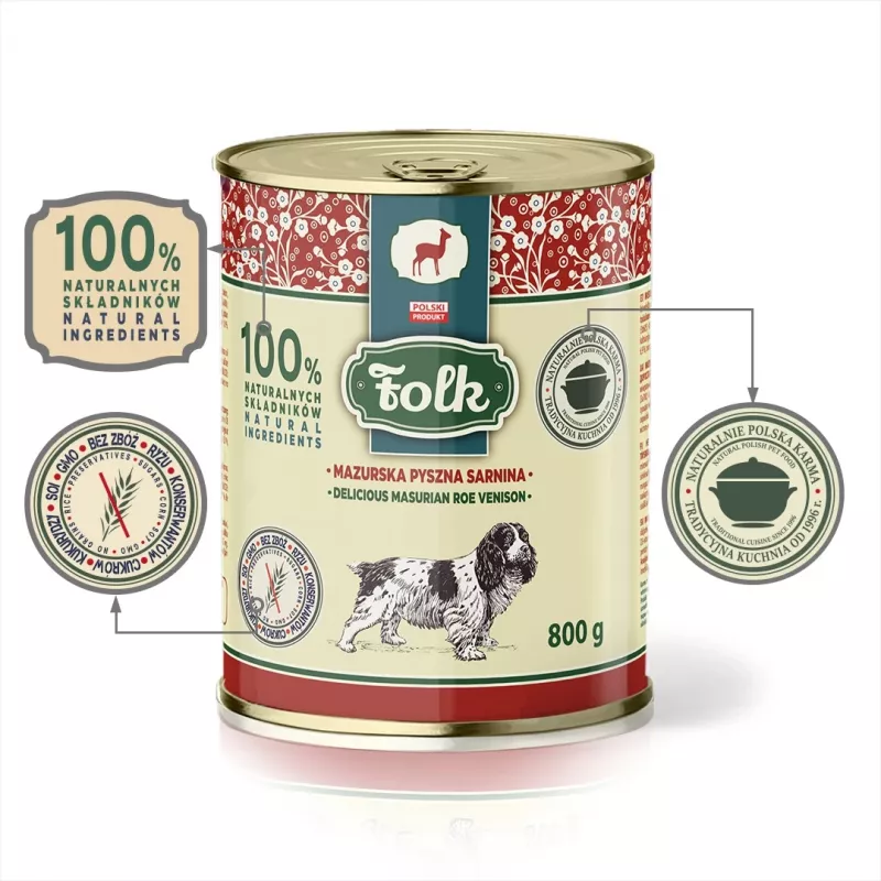 FOLK Delicioso corzo de Masuria - Comida húmeda para perros - 800 g