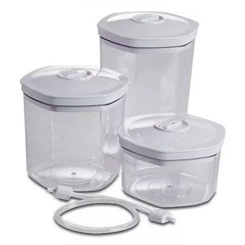 Set de recipientes de vacío para alimentos Solis 92278 — hexagonal 700 ml, 1,4 L, 2 L, blanco/transparente, apto para frigorífico y congelador