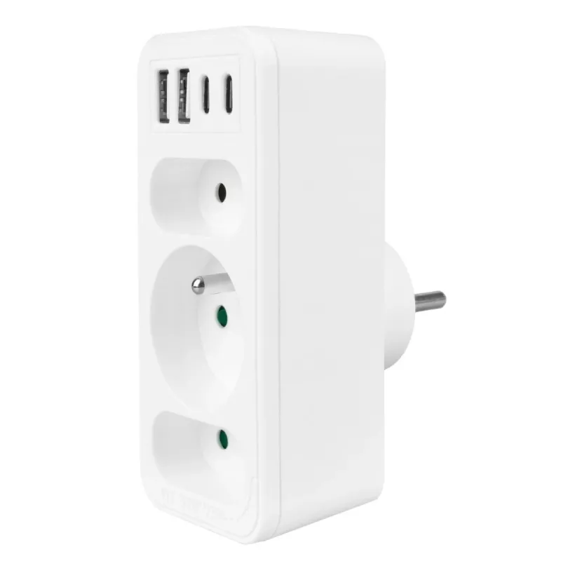 Regleta de enchufes MACLEAN MCE248 F/W — 3 tomas AC (1×16A, 2×6A) + 4×USB (2×A, 2×C PD 20W), conector EU, blanco