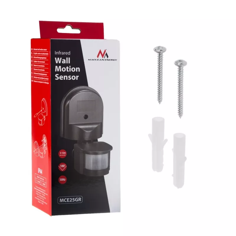 Sensor de movimiento y crepuscular de pared 180° Maclean MCE25 GR, máx. 1200W, gris