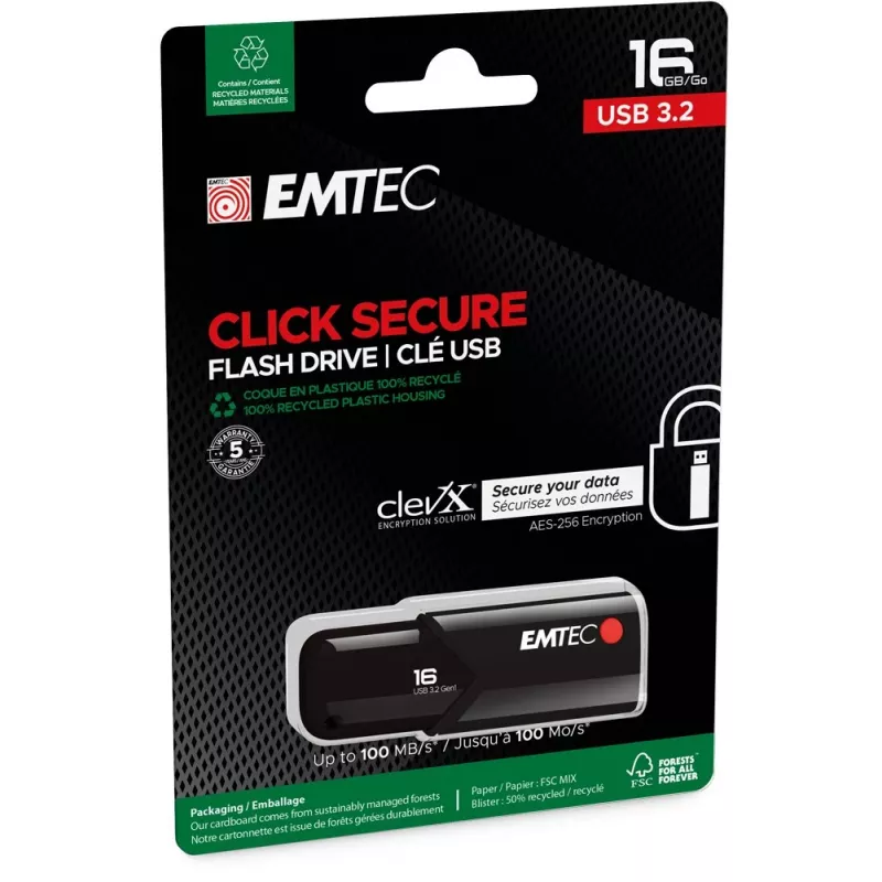 Memoria USB Emtec B120 Click Secure 16 GB USB Type-A 3.2 Gen 2 negra