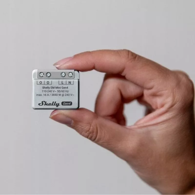 Relé inteligente Shelly Relay EM Mini Gen4 1 canal Wi‑Fi Matter Zigbee Bluetooth 8A, 110–240V, Medidor de energía