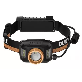 Linterna frontal Duracell DH1500R — negra/naranja, iluminación manos libres recargable