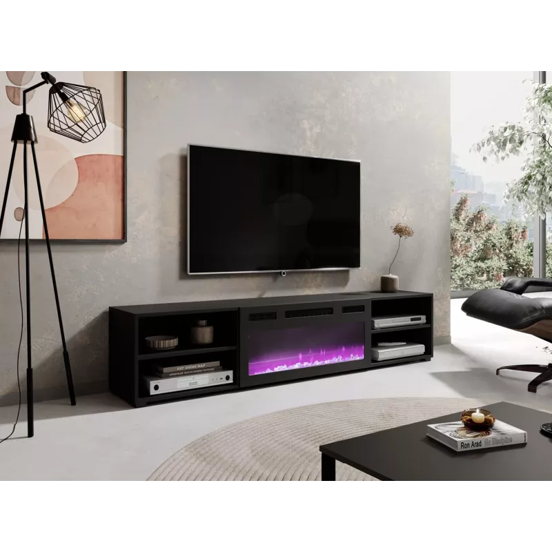 Mueble TV Cama Meble POLO 180x33x39 cm con chimenea eléctrica 1400–1600 W, negro, 2 baldas, laminado