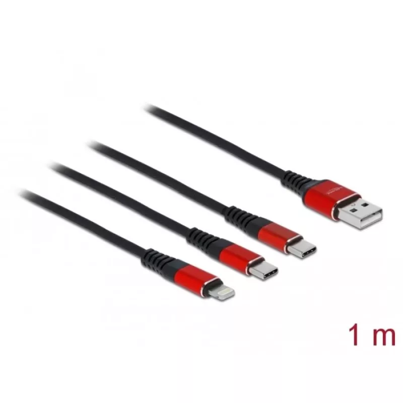 Cable de carga USB DeLOCK 3 en 1 Type-A a Lightning / 2 x USB Type-C 1 m negro / rojo