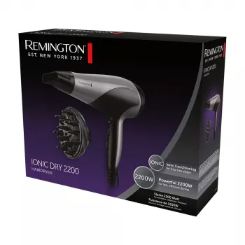 Secador de pelo Remington D3190S — 2200 W, iónico, 3 niveles de calor, 2 velocidades, aire frío, difusor y concentrador (plateado/negro)