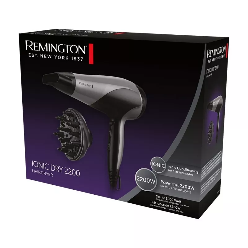 Secador de pelo Remington D3190S — 2200 W, iónico, 3 niveles de calor, 2 velocidades, aire frío, difusor y concentrador (plateado/negro)