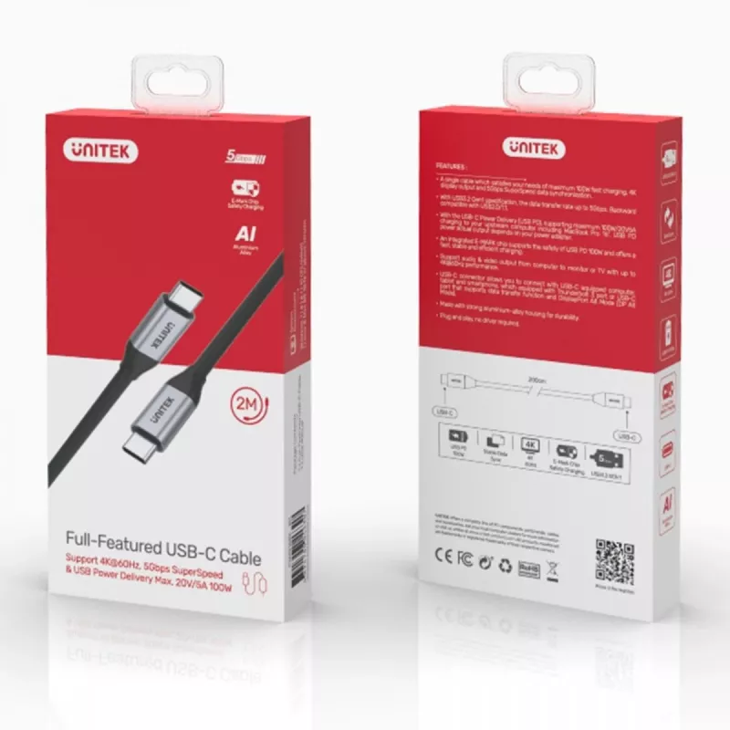 Cable USB UNITEK C14091ABK USB 3.2 Gen 2 2 m USB-C negro