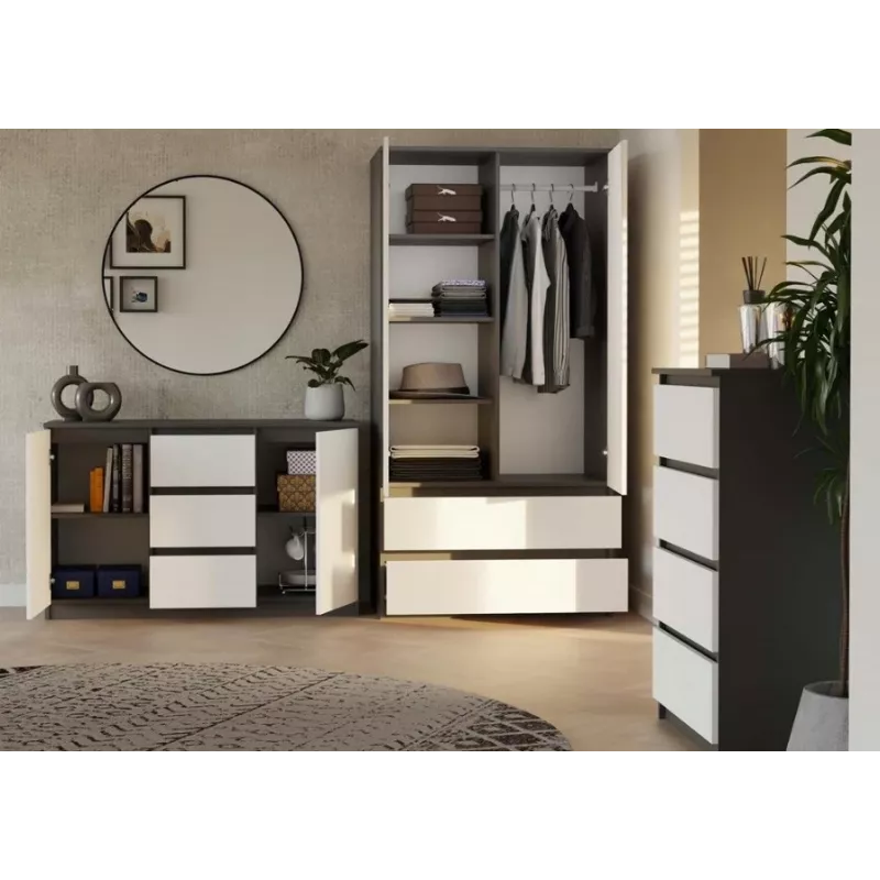 Cómoda 2 puertas 3 cajones top e shop M-MP-K-MAL-2D3S-ANTBIA — marco antracita, puertas blancas, 1200×750×400 mm