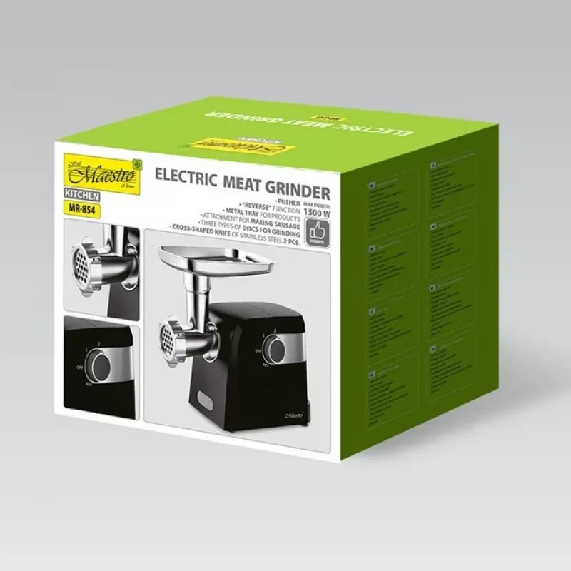 Picadora de carne eléctrica Maestro MR-854, 1500 W, 2 velocidades, 3 discos perforados, accesorio para embutidos, negra